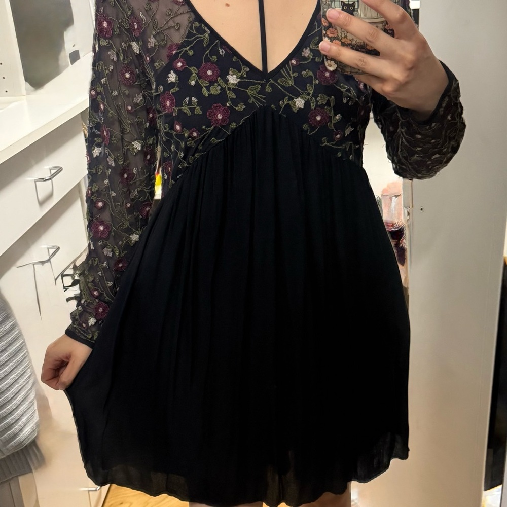 American Eagle Outfitters Dark Blue Dress with Purple Floral Design
